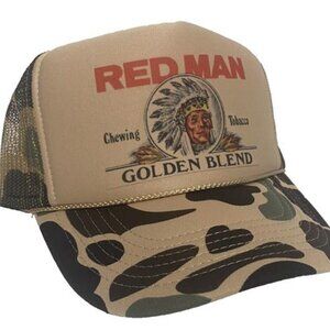 Hunting Outdoors Retro Vintage Style RedMan Chew Trucker Hat Golden Blend Camo